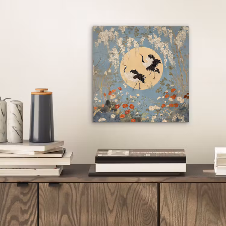 Aluminium schilderij - Kraanvogels - Maan - Bloemen - Blauw — 2
