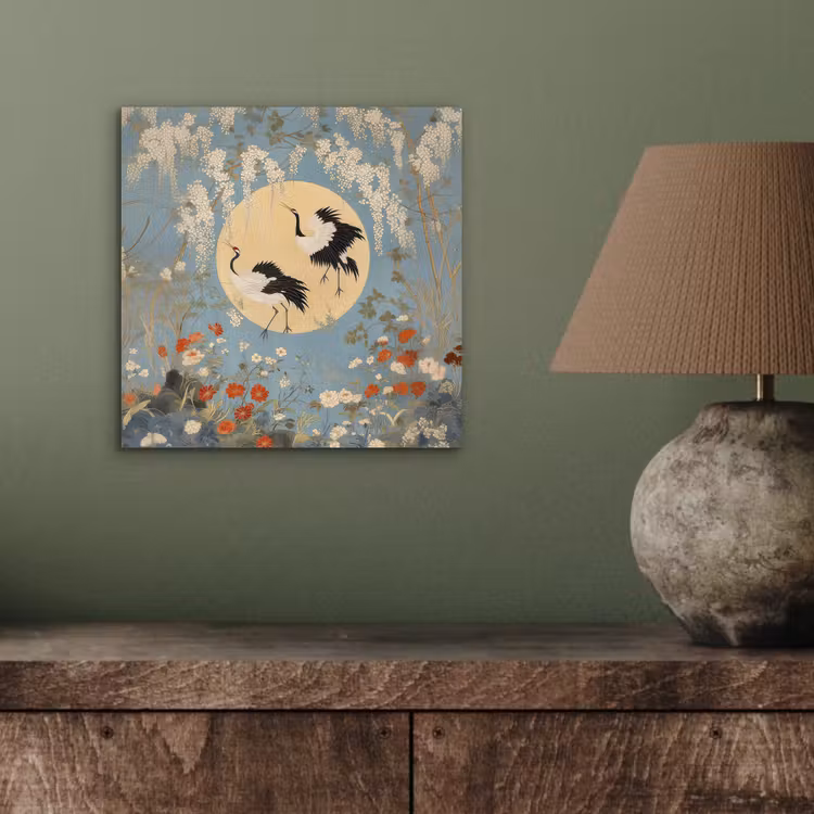 Aluminium schilderij - Kraanvogels - Maan - Bloemen - Blauw — 3