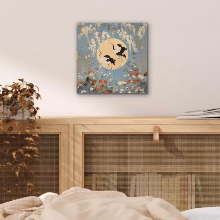 Aluminium schilderij - Kraanvogels - Maan - Bloemen - Blauw — 4