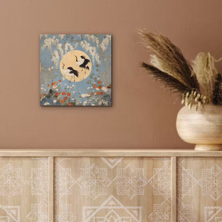 Aluminium schilderij - Kraanvogels - Maan - Bloemen - Blauw — 5