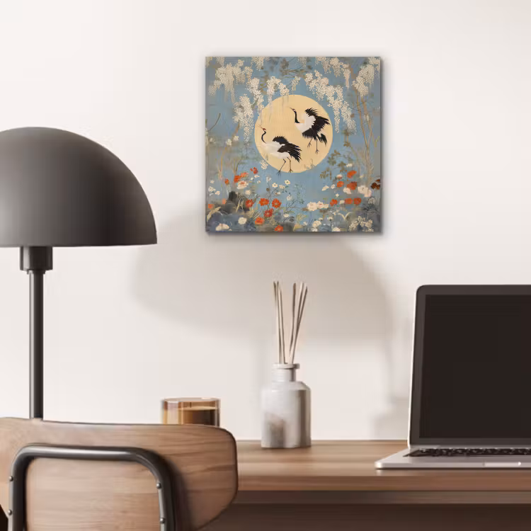 Aluminium schilderij - Kraanvogels - Maan - Bloemen - Blauw — 6