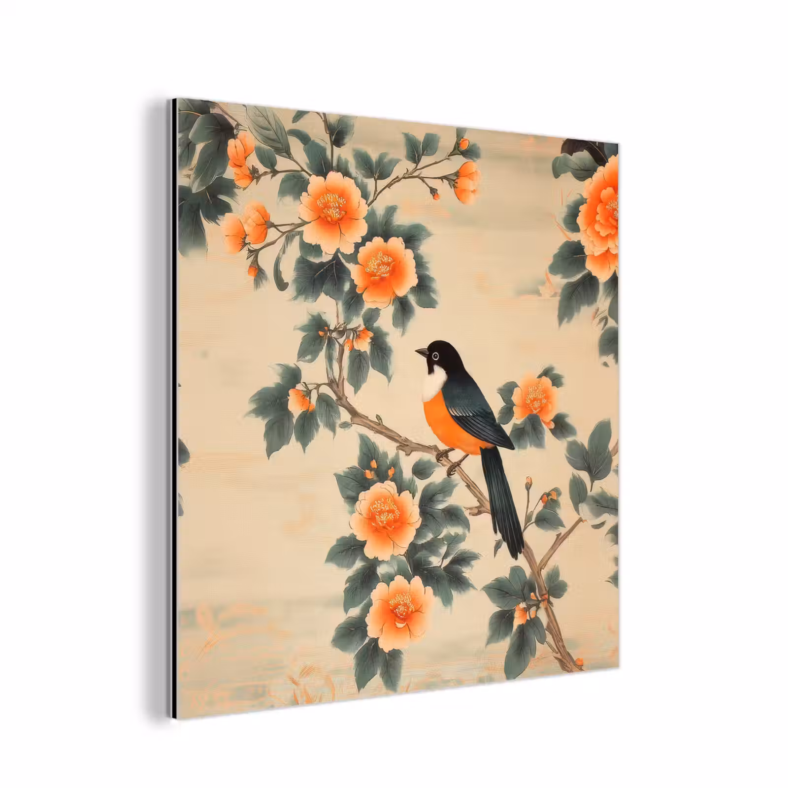 Aluminium schilderij - Vogel - Tak - Bloemen - Oranje — 1