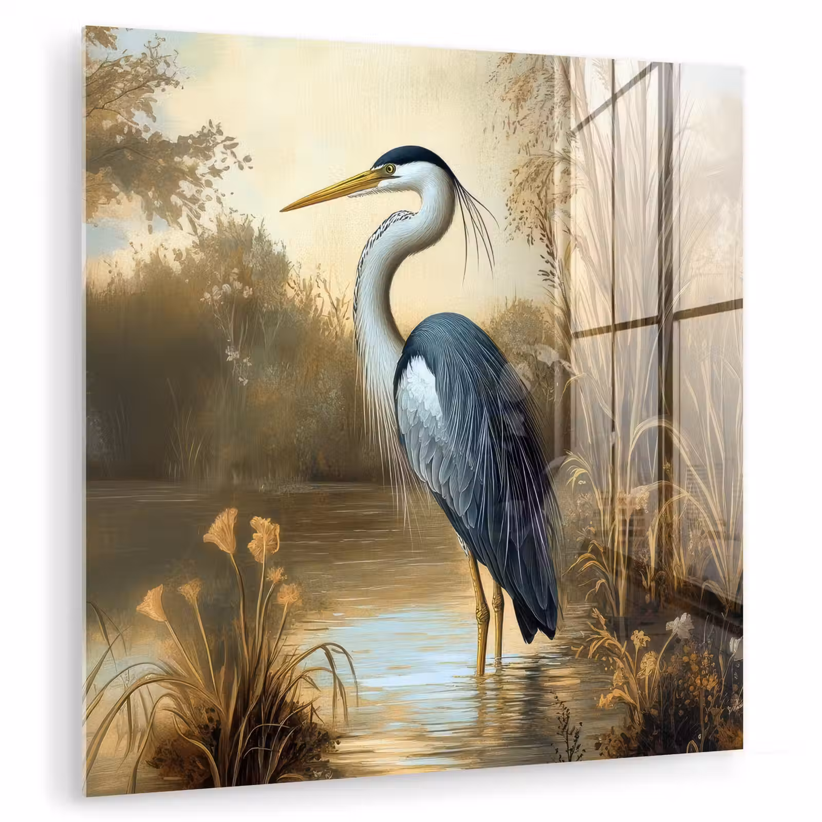 Glas schilderij - Reiger - Water - Planten — 1