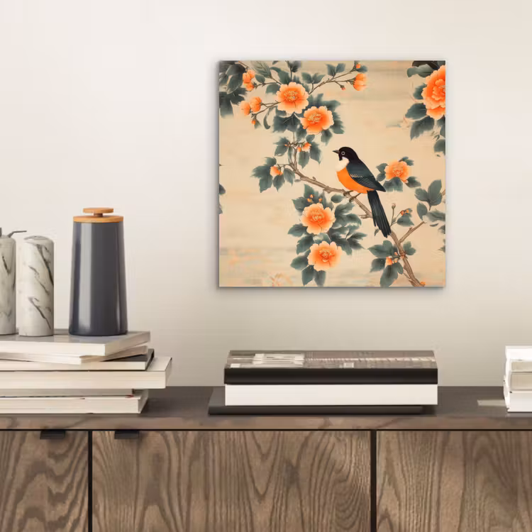 Aluminium schilderij - Vogel - Tak - Bloemen - Oranje — 2