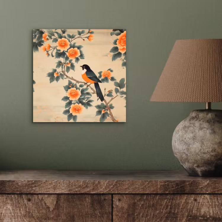 Aluminium schilderij - Vogel - Tak - Bloemen - Oranje — 3