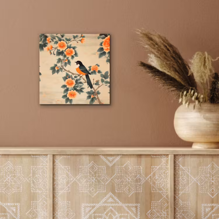 Aluminium schilderij - Vogel - Tak - Bloemen - Oranje — 5