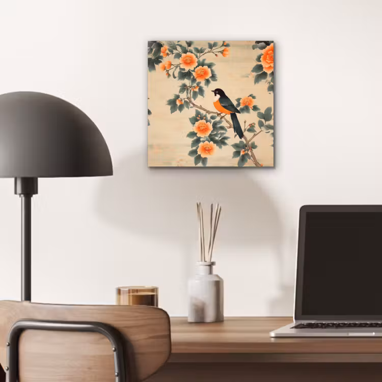 Aluminium schilderij - Vogel - Tak - Bloemen - Oranje — 6