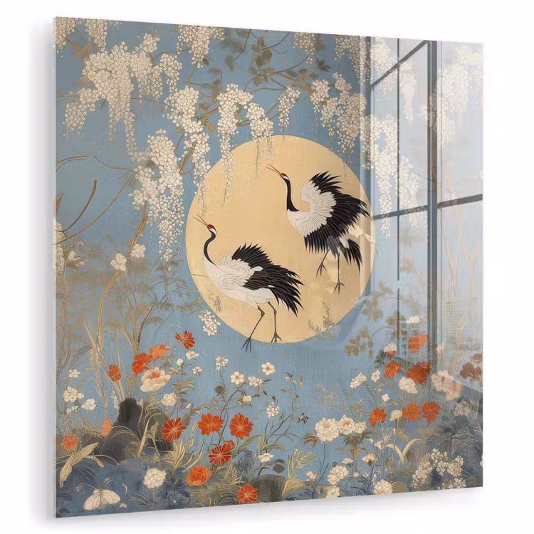 Glas schilderij - Kraanvogels - Maan - Bloemen - Blauw — 1