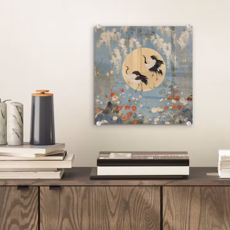 Glas schilderij - Kraanvogels - Maan - Bloemen - Blauw — 2