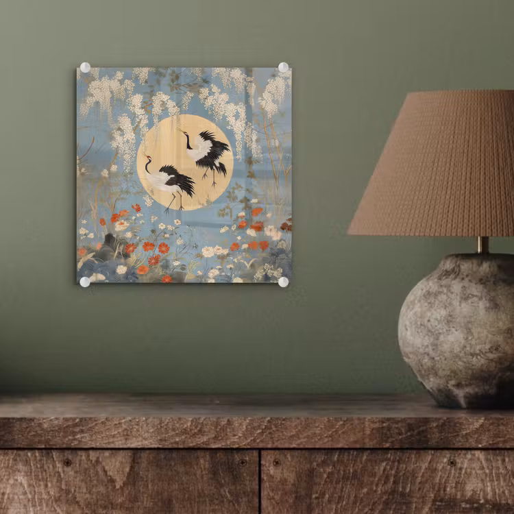 Glas schilderij - Kraanvogels - Maan - Bloemen - Blauw — 4
