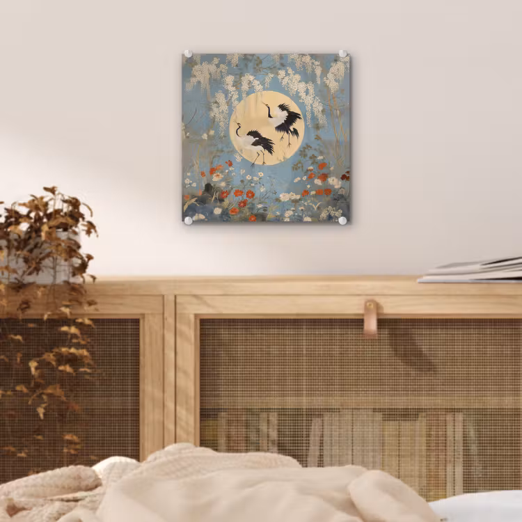 Glas schilderij - Kraanvogels - Maan - Bloemen - Blauw — 5