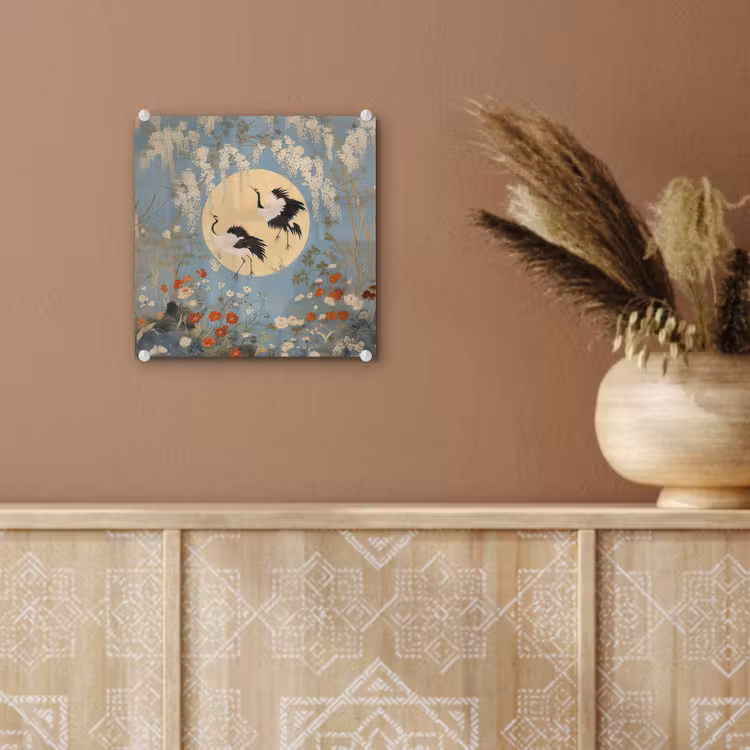 Glas schilderij - Kraanvogels - Maan - Bloemen - Blauw — 6
