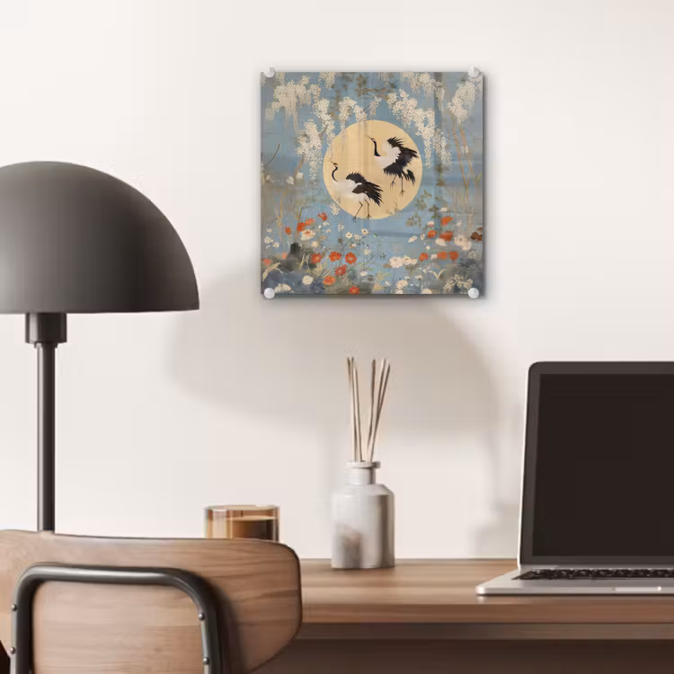 Glas schilderij - Kraanvogels - Maan - Bloemen - Blauw — 7