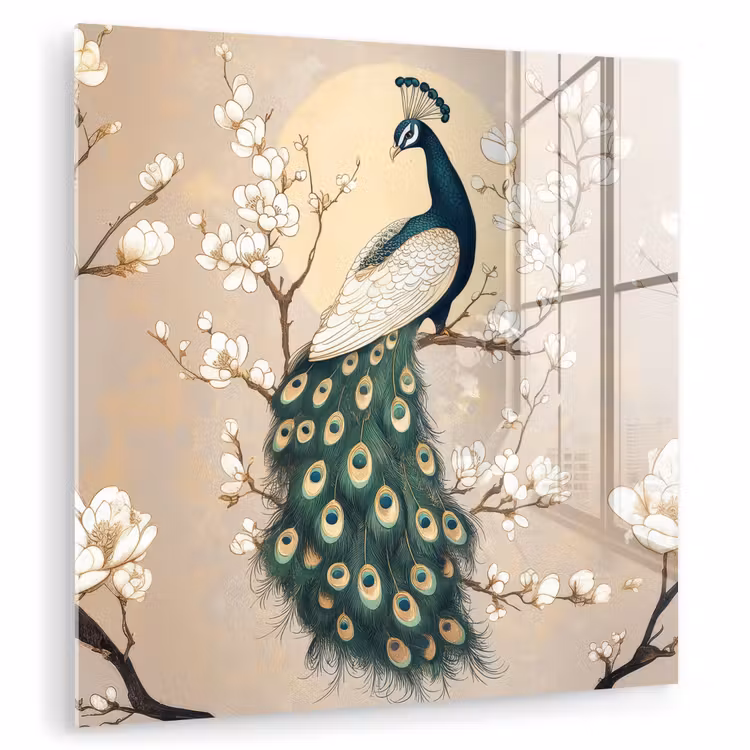 Glas schilderij - Pauw - Tak - Bloemen — 1