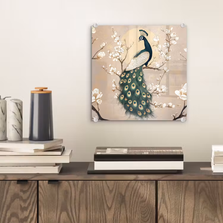 Glas schilderij - Pauw - Tak - Bloemen — 2