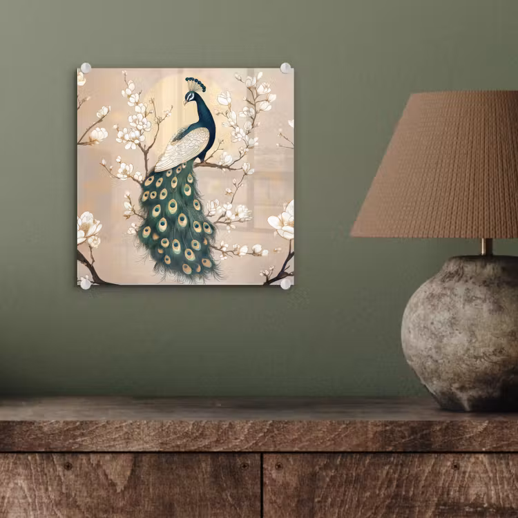 Glas schilderij - Pauw - Tak - Bloemen — 4