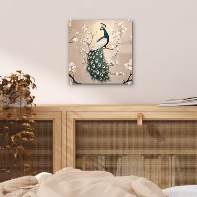 Glas schilderij - Pauw - Tak - Bloemen — 5