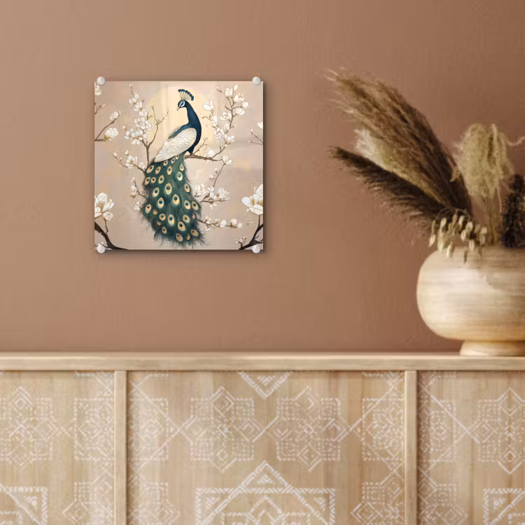 Glas schilderij - Pauw - Tak - Bloemen — 6