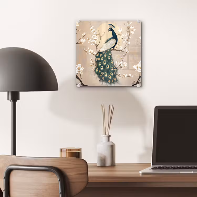 Glas schilderij - Pauw - Tak - Bloemen — 7