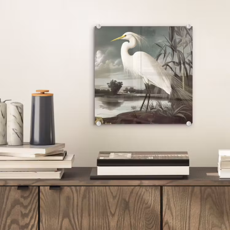 Glas schilderij - Reiger - Planten - Wolken - Wit — 2