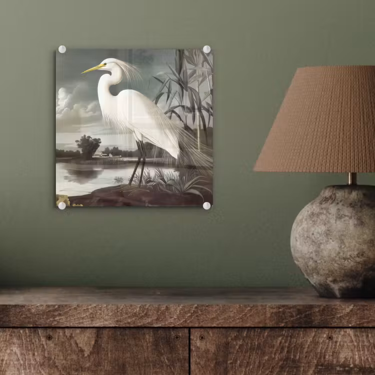 Glas schilderij - Reiger - Planten - Wolken - Wit — 4