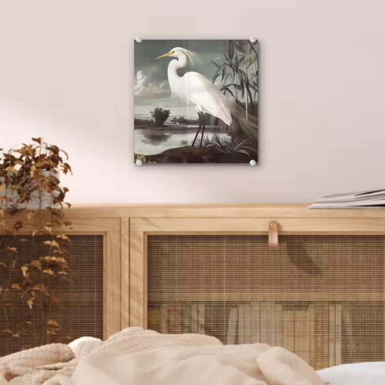Glas schilderij - Reiger - Planten - Wolken - Wit — 5