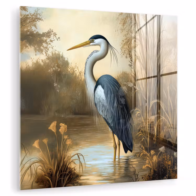 Glas schilderij - Reiger - Water - Planten — 1