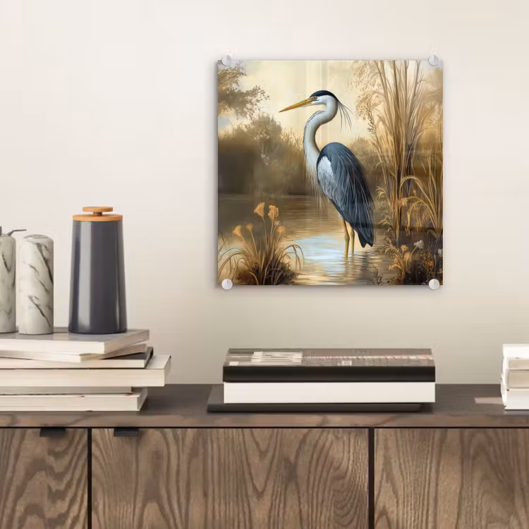 Glas schilderij - Reiger - Water - Planten — 2