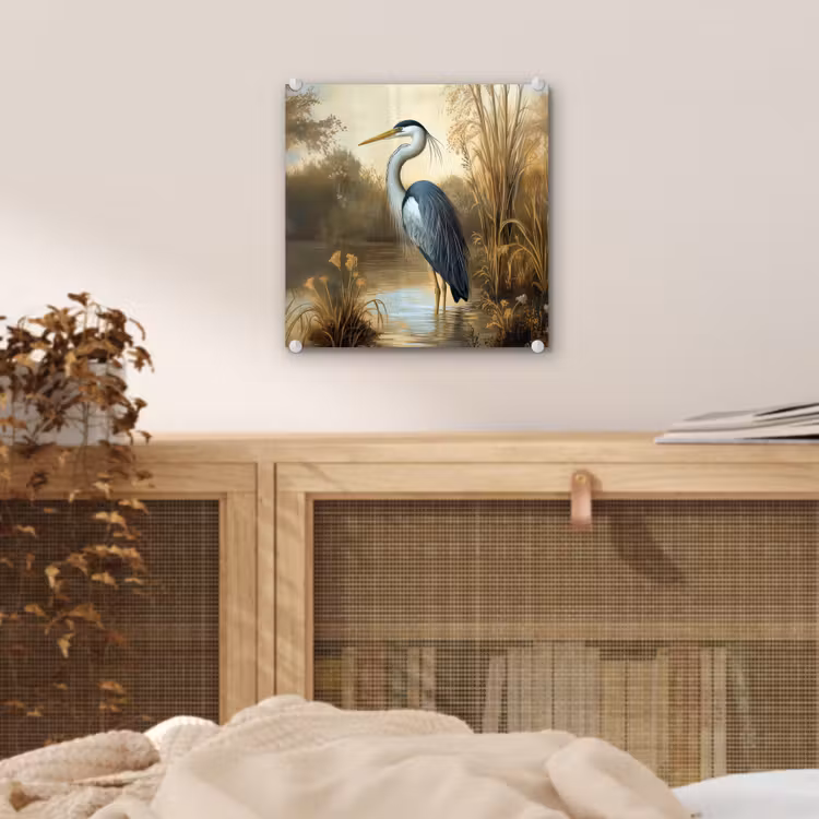 Glas schilderij - Reiger - Water - Planten — 5