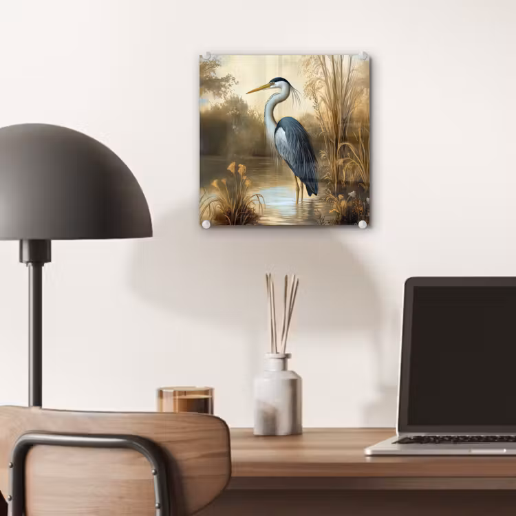 Glas schilderij - Reiger - Water - Planten — 7