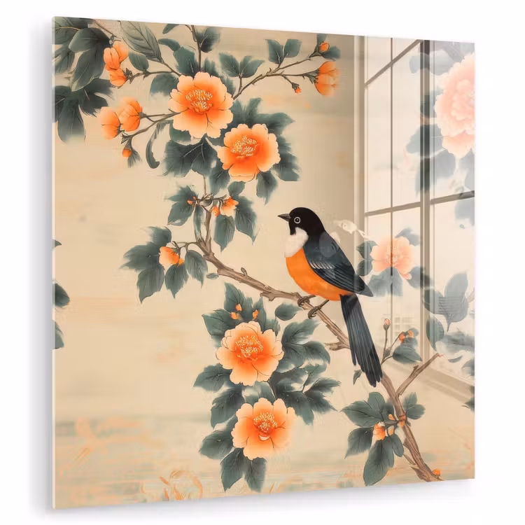 Glas schilderij - Vogel - Tak - Bloemen - Oranje — 1