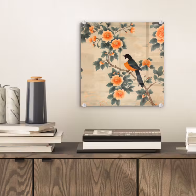 Glas schilderij - Vogel - Tak - Bloemen - Oranje — 2