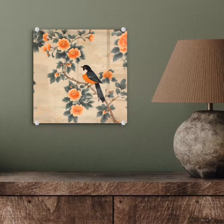 Glas schilderij - Vogel - Tak - Bloemen - Oranje — 4
