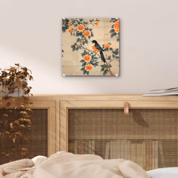 Glas schilderij - Vogel - Tak - Bloemen - Oranje — 5