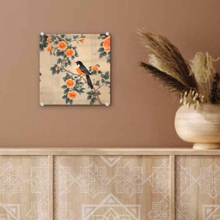 Glas schilderij - Vogel - Tak - Bloemen - Oranje — 6