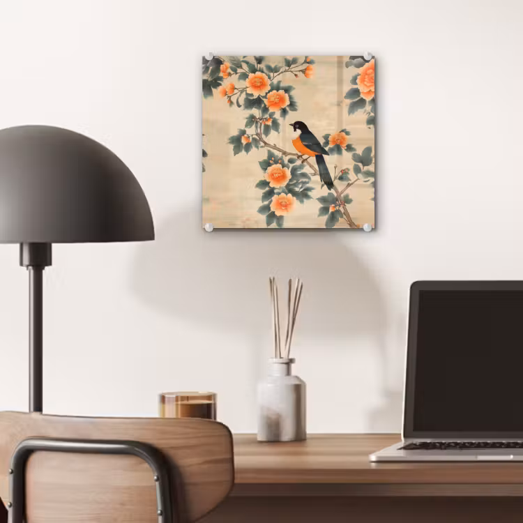 Glas schilderij - Vogel - Tak - Bloemen - Oranje — 7