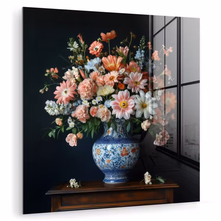 Glas schilderij - Hout - Vaas - Kleuren - Bloemen — 1