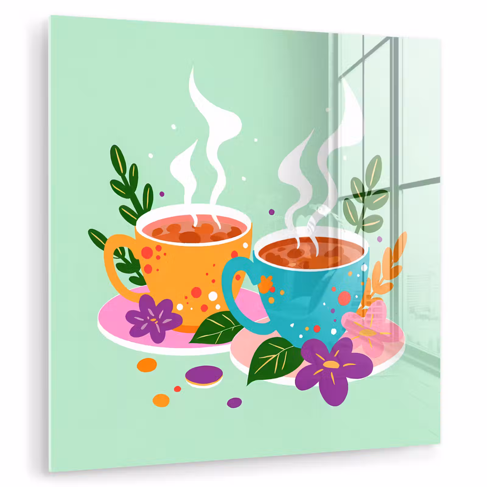 Glas schilderij - Thee - Illustratie - Kopjes - Bloemen — 1