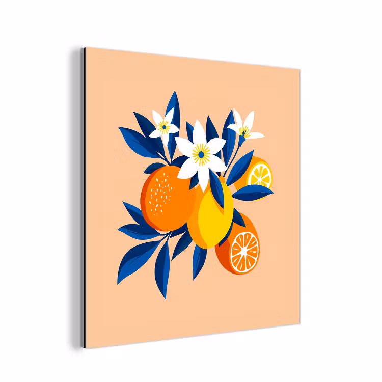 Aluminium schilderij - Illustratie - Sinaasappels - Donkerblauw - Bloemen — 1