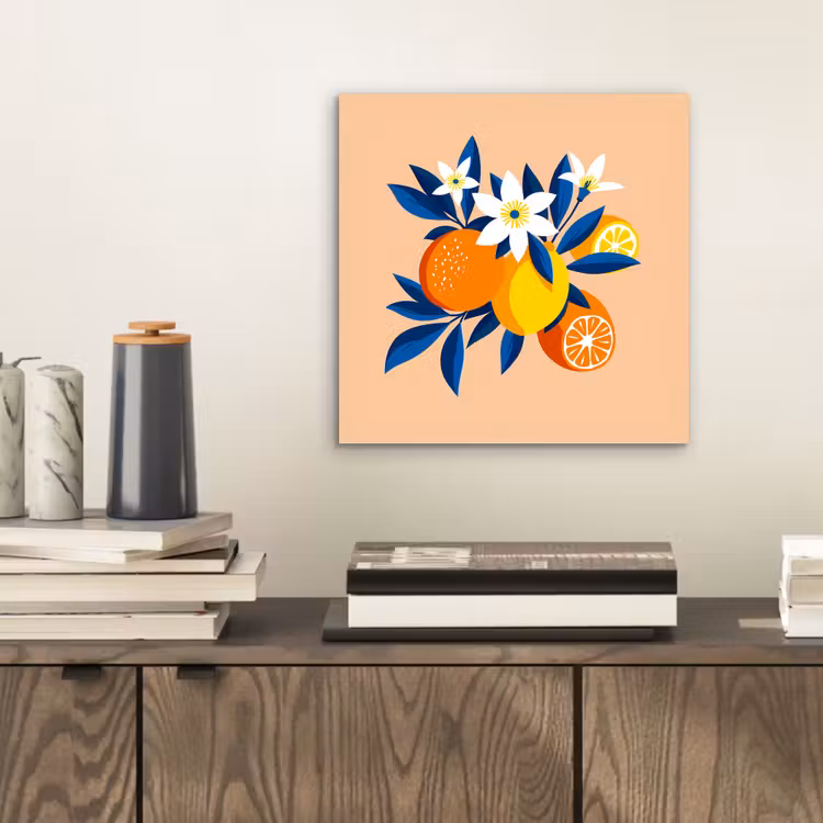 Aluminium schilderij - Illustratie - Sinaasappels - Donkerblauw - Bloemen — 2