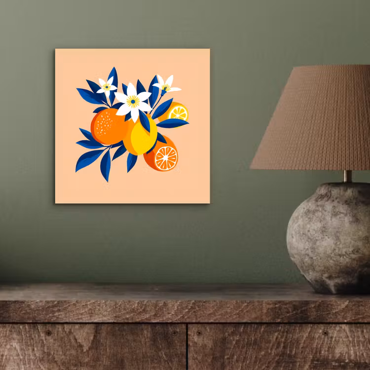 Aluminium schilderij - Illustratie - Sinaasappels - Donkerblauw - Bloemen — 3