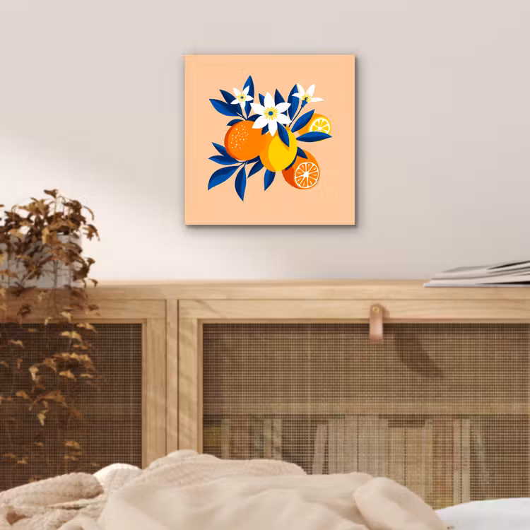 Aluminium schilderij - Illustratie - Sinaasappels - Donkerblauw - Bloemen — 4