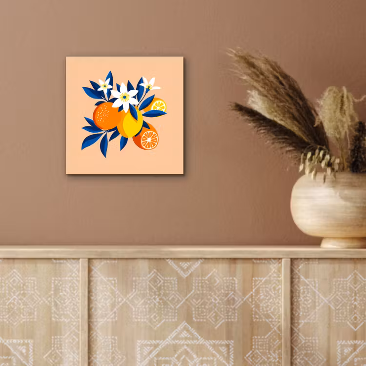 Aluminium schilderij - Illustratie - Sinaasappels - Donkerblauw - Bloemen — 5