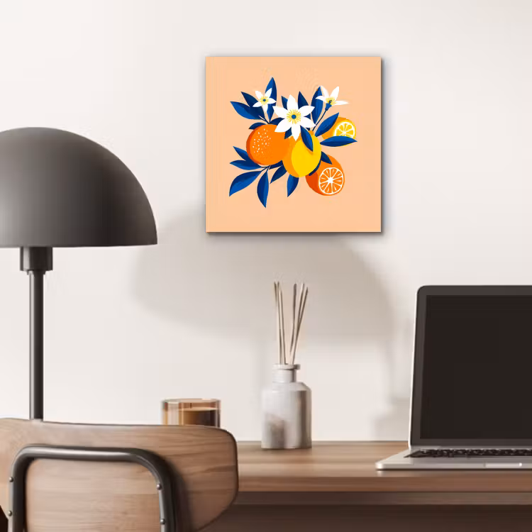 Aluminium schilderij - Illustratie - Sinaasappels - Donkerblauw - Bloemen — 6