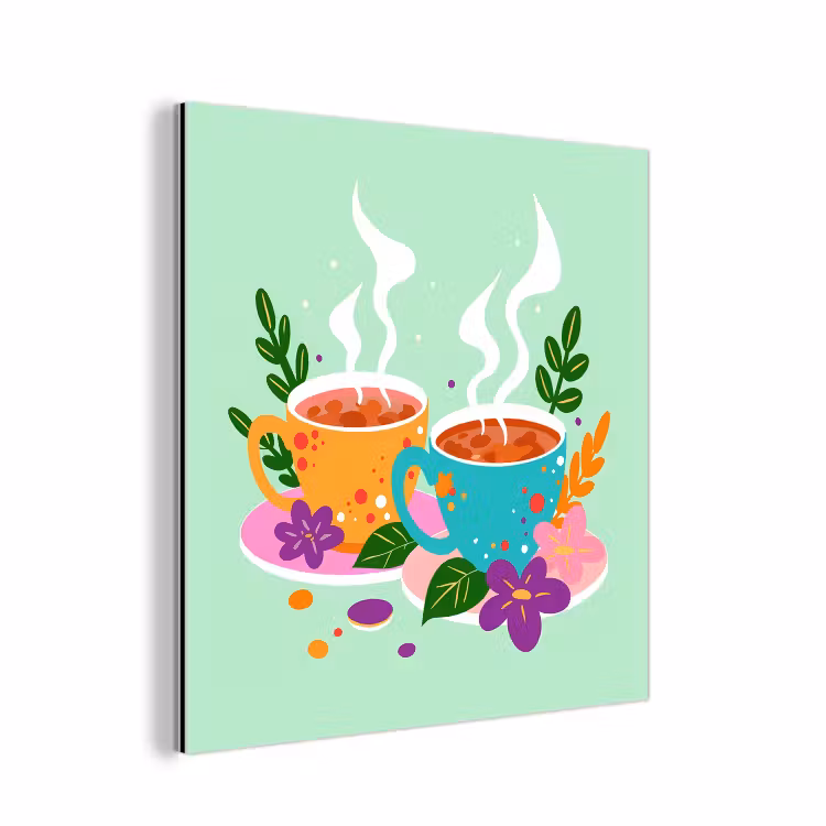 Aluminium schilderij - Thee - Illustratie - Kopjes - Bloemen — 1