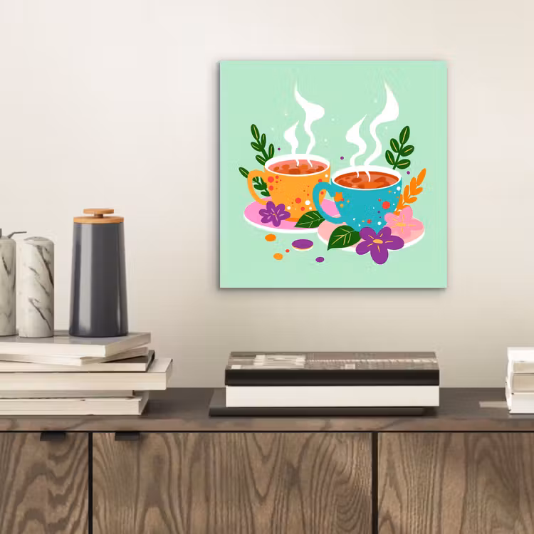 Aluminium schilderij - Thee - Illustratie - Kopjes - Bloemen — 2