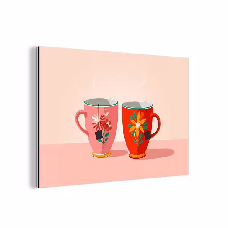 Aluminium schilderij - Theekopjes - Bloemmotieven - Roze - Theezakjes — 1