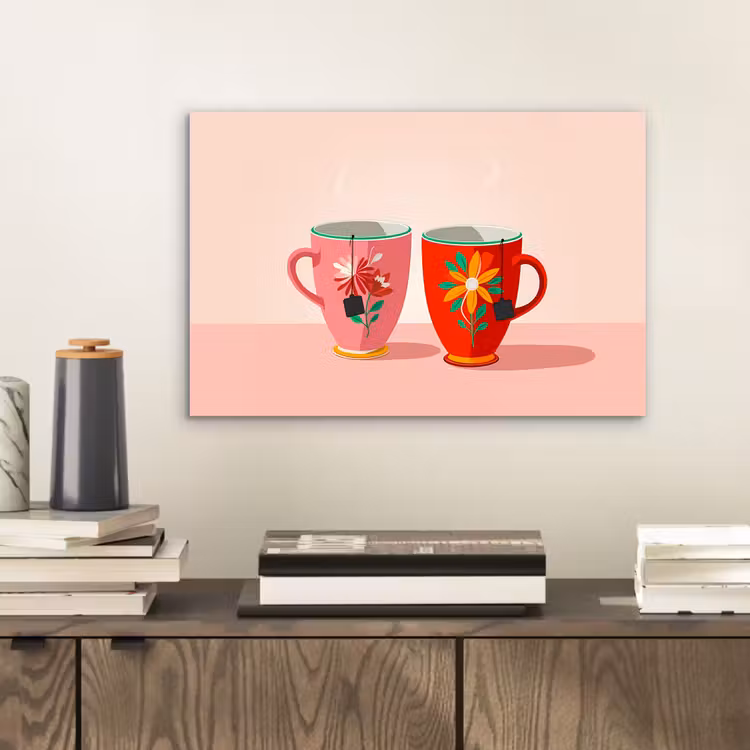 Aluminium schilderij - Theekopjes - Bloemmotieven - Roze - Theezakjes — 2