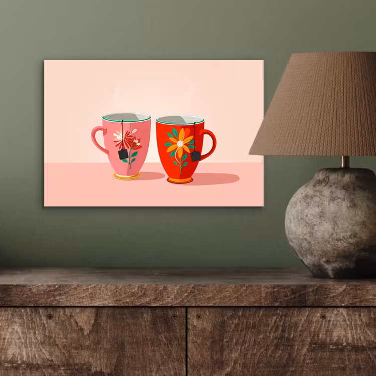 Aluminium schilderij - Theekopjes - Bloemmotieven - Roze - Theezakjes — 3