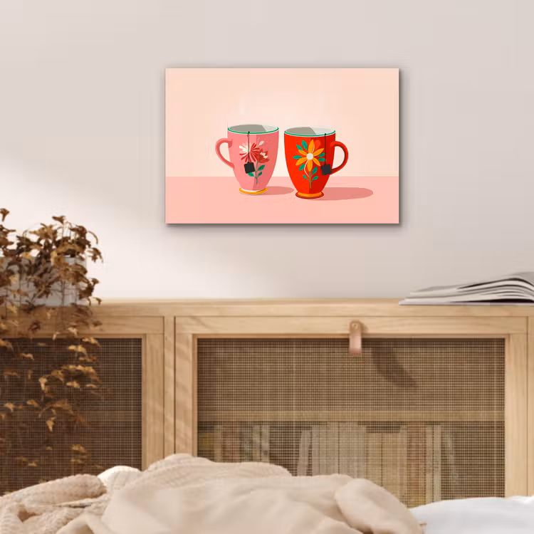 Aluminium schilderij - Theekopjes - Bloemmotieven - Roze - Theezakjes — 4